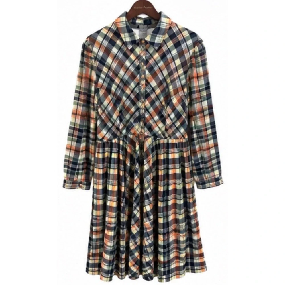 eShakti Plaid Midi Dress Women 18 Plus Size Multi Color Button Front Long Sleeve - Picture 1 of 12